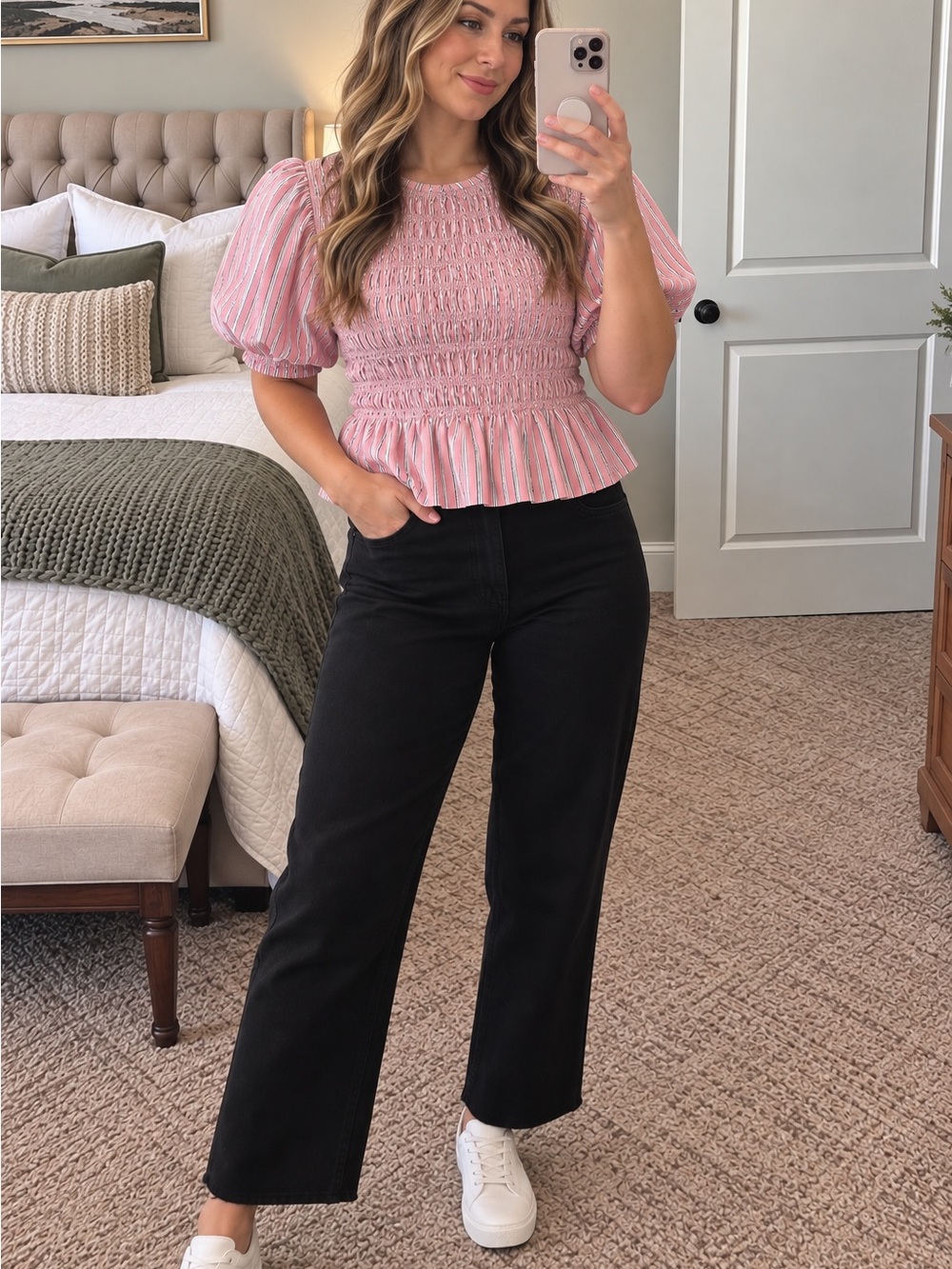 Old Navy Pink Striped Smocked Peplum Puff-Sleeve Top